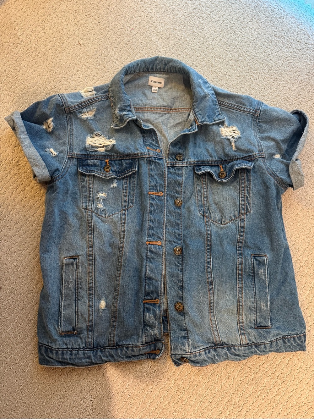Sneak Peek Faded Light Blue Distressed Short-Sleeve Denim Jacket